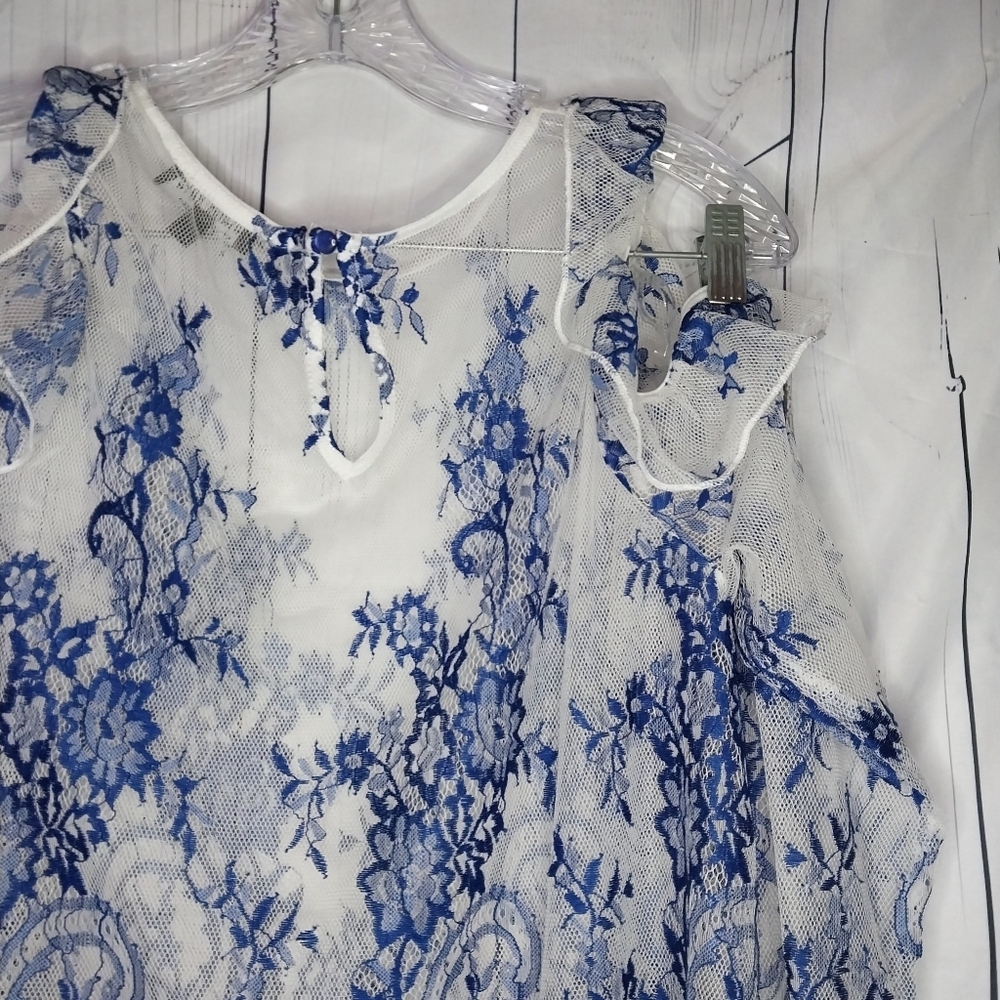 Fashion Nova Sheer Cold Shoulder Blue And White Floral Lace Romantic Top - Picture 6 of 10